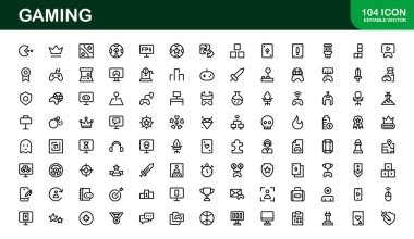 Temel Oyun Simgesi Belirleme Vektörü İllüstrasyonu. Video Oyunları, Joystickler ve Oyun Gear için Popüler Sembollerle dolu