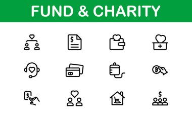 Profesyonel Fon ve Yardım Simgesi Vektör İllüstrasyonu. Bağış, Gönüllülük ve Sosyal İyilik İçin En Yararlı Simgeler