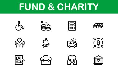 Profesyonel Fon ve Yardım Simgesi Vektör İllüstrasyonu. Bağış, Gönüllülük ve Sosyal İyilik İçin En Yararlı Simgeler