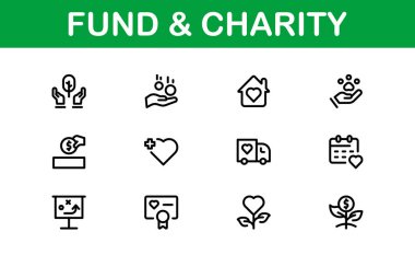 Profesyonel Fon ve Yardım Simgesi Vektör İllüstrasyonu. Bağış, Gönüllülük ve Sosyal İyilik İçin En Yararlı Simgeler