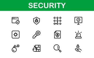 Temel Güvenlik Simgesi Vektör Resmini Ayarla. Dijital Güvenlik Tasarımları için Kilit, Kalkan ve Yetkilendirme Sembolleri İçerir.