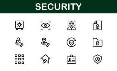 Temel Güvenlik Simgesi Vektör Resmini Ayarla. Dijital Güvenlik Tasarımları için Kilit, Kalkan ve Yetkilendirme Sembolleri İçerir.
