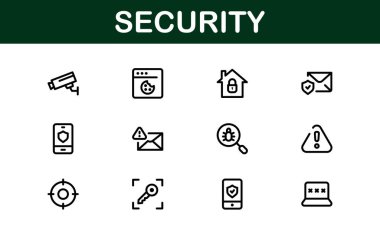 Temel Güvenlik Simgesi Vektör Resmini Ayarla. Dijital Güvenlik Tasarımları için Kilit, Kalkan ve Yetkilendirme Sembolleri İçerir.