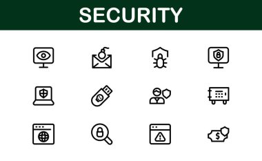 Temel Güvenlik Simgesi Vektör Resmini Ayarla. Dijital Güvenlik Tasarımları için Kilit, Kalkan ve Yetkilendirme Sembolleri İçerir.