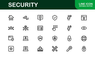 Temel Güvenlik Simgesi Vektör Resmini Ayarla. Dijital Güvenlik Tasarımları için Kilit, Kalkan ve Yetkilendirme Sembolleri İçerir.