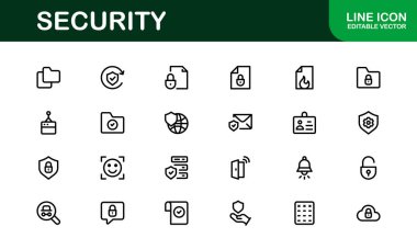 Temel Güvenlik Simgesi Vektör Resmini Ayarla. Dijital Güvenlik Tasarımları için Kilit, Kalkan ve Yetkilendirme Sembolleri İçerir.