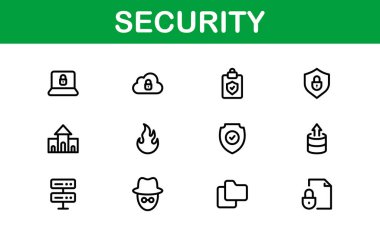 Temel Güvenlik Simgesi Vektör Resmini Ayarla. Dijital Güvenlik Tasarımları için Kilit, Kalkan ve Yetkilendirme Sembolleri İçerir.