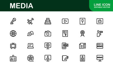 Temel Ortam Simgesi Vektör İllüstrasyonu. Tasarımlarınızı Arttırmak için Medya, Haber, İletişim ve Dijital İçerik Oluşturma Sembolleri içerir.