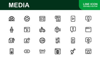 Temel Ortam Simgesi Vektör İllüstrasyonu. Tasarımlarınızı Arttırmak için Medya, Haber, İletişim ve Dijital İçerik Oluşturma Sembolleri içerir.
