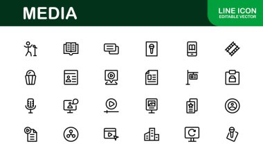 Temel Ortam Simgesi Vektör İllüstrasyonu. Tasarımlarınızı Arttırmak için Medya, Haber, İletişim ve Dijital İçerik Oluşturma Sembolleri içerir.