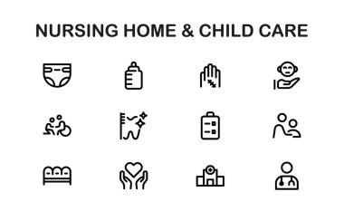 Huzurevi ve Çocuk Bakımı ikonu seti. Yaşlılara Bakım, Yaşlılara Yardım, Çocuk Bakımı ve Aile Destek İkonaları