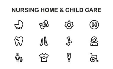 Huzurevi ve Çocuk Bakımı ikonu seti. Yaşlılara Bakım, Yaşlılara Yardım, Çocuk Bakımı ve Aile Destek İkonaları