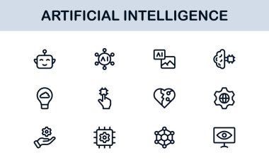 Yapay Zeka Simgesi Ayarlandı. Yapay Zeka Teknolojisi, Makine Öğrenme, Sinirsel Ağ ve Robot Bilimi içeren Gelecekçi Vektör Resimleri