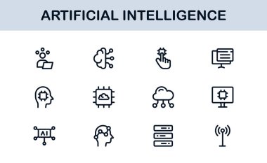 Yapay Zeka Simgesi Ayarlandı. Yapay Zeka Teknolojisi, Makine Öğrenme, Sinirsel Ağ ve Robot Bilimi içeren Gelecekçi Vektör Resimleri