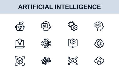 Yapay Zeka Simgesi Ayarlandı. Yapay Zeka Teknolojisi, Makine Öğrenme, Sinirsel Ağ ve Robot Bilimi içeren Gelecekçi Vektör Resimleri