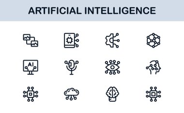 Yapay Zeka Simgesi Ayarlandı. Yapay Zeka Teknolojisi, Makine Öğrenme, Sinirsel Ağ ve Robot Bilimi içeren Gelecekçi Vektör Resimleri