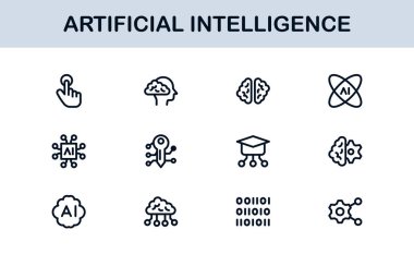 Yapay Zeka Simgesi Ayarlandı. Yapay Zeka Teknolojisi, Makine Öğrenme, Sinirsel Ağ ve Robot Bilimi içeren Gelecekçi Vektör Resimleri