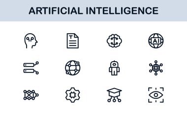 Yapay Zeka Simgesi Ayarlandı. Yapay Zeka Teknolojisi, Makine Öğrenme, Sinirsel Ağ ve Robot Bilimi içeren Gelecekçi Vektör Resimleri