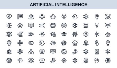 Yapay Zeka Simgesi Ayarlandı. Yapay Zeka Teknolojisi, Makine Öğrenme, Sinirsel Ağ ve Robot Bilimi içeren Gelecekçi Vektör Resimleri