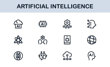 Yapay Zeka Simgesi Ayarlandı. Yapay Zeka Teknolojisi, Makine Öğrenme, Sinirsel Ağ ve Robot Bilimi içeren Gelecekçi Vektör Resimleri