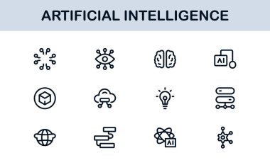 Yapay Zeka Simgesi Ayarlandı. Yapay Zeka Teknolojisi, Makine Öğrenme, Sinirsel Ağ ve Robot Bilimi içeren Gelecekçi Vektör Resimleri