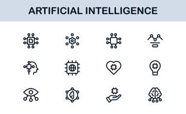 Yapay Zeka Simgesi Ayarlandı. Yapay Zeka Teknolojisi, Makine Öğrenme, Sinirsel Ağ ve Robot Bilimi içeren Gelecekçi Vektör Resimleri