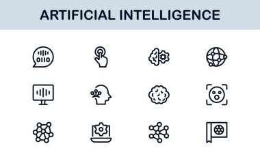 Yapay Zeka Simgesi Ayarlandı. Yapay Zeka Teknolojisi, Makine Öğrenme, Sinirsel Ağ ve Robot Bilimi içeren Gelecekçi Vektör Resimleri