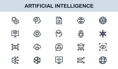 Yapay Zeka Simgesi Ayarlandı. Yapay Zeka Teknolojisi, Makine Öğrenme, Sinirsel Ağ ve Robot Bilimi içeren Gelecekçi Vektör Resimleri