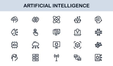 Yapay Zeka Simgesi Ayarlandı. Yapay Zeka Teknolojisi, Makine Öğrenme, Sinirsel Ağ ve Robot Bilimi içeren Gelecekçi Vektör Resimleri