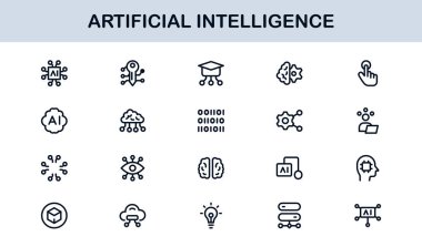 Yapay Zeka Simgesi Ayarlandı. Yapay Zeka Teknolojisi, Makine Öğrenme, Sinirsel Ağ ve Robot Bilimi içeren Gelecekçi Vektör Resimleri