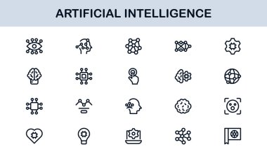Yapay Zeka Simgesi Ayarlandı. Yapay Zeka Teknolojisi, Makine Öğrenme, Sinirsel Ağ ve Robot Bilimi içeren Gelecekçi Vektör Resimleri