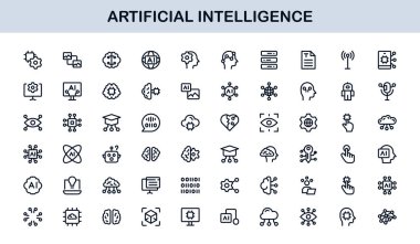 Yapay Zeka Simgesi Ayarlandı. Yapay Zeka Teknolojisi, Makine Öğrenme, Sinirsel Ağ ve Robot Bilimi içeren Gelecekçi Vektör Resimleri