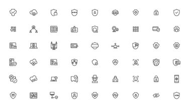 Güvenlik simgesi ayarlandı. Güvenli ödeme, şifreleme, güvenlik, sigorta, veri koruması, detektör, sensör, kilit, şifre ve siber güvenlik simgesi içeriyor. Taslak simge koleksiyonu