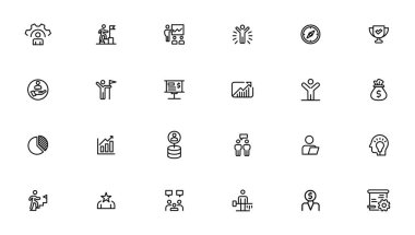 İş ve yönetim çizgisi simgeleri ayarlandı. Yönetim simgesi koleksiyonu. Vektör illüstratörü