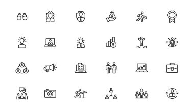 İş ve yönetim çizgisi simgeleri ayarlandı. Yönetim simgesi koleksiyonu. Vektör illüstratörü