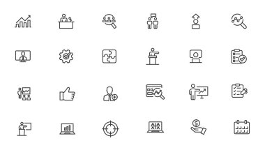 İş ve yönetim çizgisi simgeleri ayarlandı. Yönetim simgesi koleksiyonu. Vektör illüstratörü