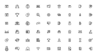 Vector business and finance editable stroke line icon set with money, bank, check, law, auction, exchance, payment, wallet, deposit, piggy, calculator, web and more isolated outline thin symbol
