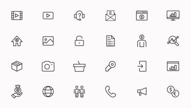 Vector business and finance editable stroke line icon set with money, bank, check, law, auction, exchance, payment, wallet, deposit, piggy, calculator, web and more isolated outline thin symbol