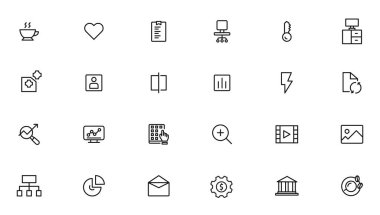 Vector business and finance editable stroke line icon set with money, bank, check, law, auction, exchance, payment, wallet, deposit, piggy, calculator, web and more isolated outline thin symbol
