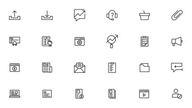 Vector business and finance editable stroke line icon set with money, bank, check, law, auction, exchance, payment, wallet, deposit, piggy, calculator, web and more isolated outline thin symbol