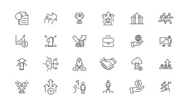 Büyüme ve başarı çizgisi simgeleri koleksiyonu. Büyük UI simgesi düz dizayn edildi. İnce taslak simgeleri paketle.