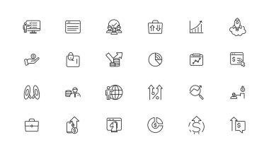 Büyüme ve başarı çizgisi simgeleri koleksiyonu. Büyük UI simgesi düz dizayn edildi. İnce taslak simgeleri paketle.