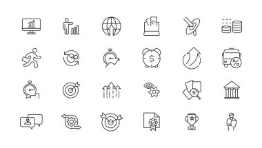Büyüme ve başarı çizgisi simgeleri koleksiyonu. Büyük UI simgesi düz dizayn edildi. İnce taslak simgeleri paketle.