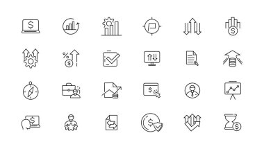 Büyüme ve başarı çizgisi simgeleri koleksiyonu. Büyük UI simgesi düz dizayn edildi. İnce taslak simgeleri paketle.