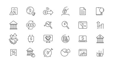 Para ve vergiler doğrusal ikonlar koleksiyonu. Para ve vergiler siyah ikonlar. Büyük UI simgesi düz bir dizaynda ayarlandı. İnce taslak simgeler paketi. Vektör illüstrasyonu