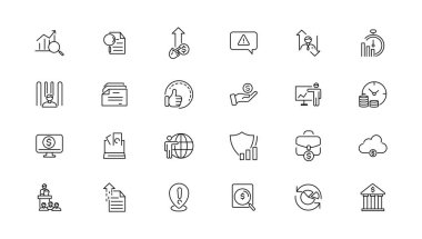 Vergiler ve muhasebe hattı simgeleri koleksiyonu. Büyük UI simgesi düz dizayn edildi. İnce taslak simgeler paketi. Vektör illüstrasyonu