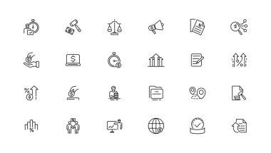 Vergiler ve muhasebe hattı simgeleri koleksiyonu. Büyük UI simgesi düz dizayn edildi. İnce taslak simgeler paketi. Vektör illüstrasyonu