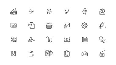 Vergiler ve muhasebe hattı simgeleri koleksiyonu. Büyük UI simgesi düz dizayn edildi. İnce taslak simgeler paketi. Vektör illüstrasyonu