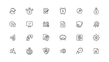 Vergiler ve muhasebe hattı simgeleri koleksiyonu. Büyük UI simgesi düz dizayn edildi. İnce taslak simgeler paketi. Vektör illüstrasyonu