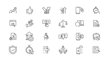 Vergiler ve muhasebe hattı simgeleri koleksiyonu. Büyük UI simgesi düz dizayn edildi. İnce taslak simgeler paketi. Vektör illüstrasyonu